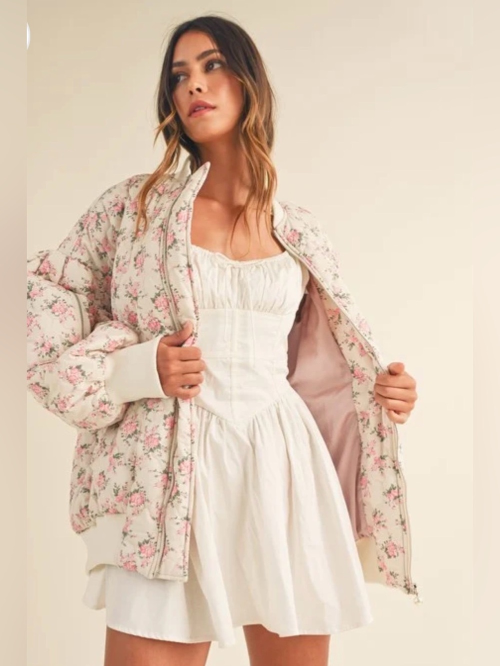 Anthropologie Mable In Bloom Floral Quilted Oversized Bomber Jacket Off White Sm